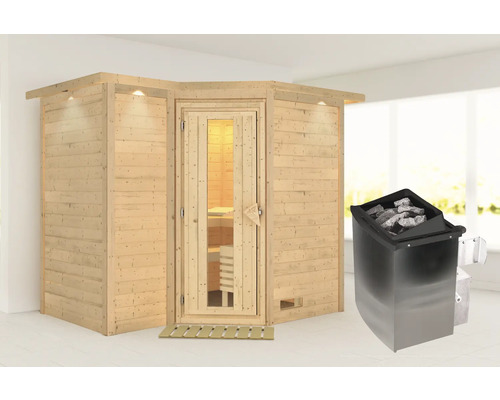 Sauna en bois massif Karibu Melanit 2 avec poêle 9 kW et commande intégrée, avec couronne et porte en bois avec verre à isolation thermique