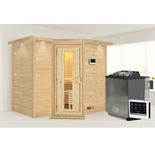 Massivholzsauna Karibu Melanit 2 inkl.9 kW Bio Ofen u.ext.Steuerung mit Dachkranz und Holztüre mit Isolierglas wärmegedämmt