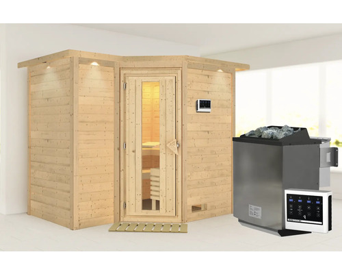 Sauna en bois massif Karibu Melanit 2 avec poêle bio 9 kW et commande externe, avec couronne et porte en bois avec verre à isolation thermique