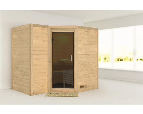 Sauna en bois massif Karibu Melanit 2 sans poêle ni couronne, avec porte entièrement vitrée couleur graphite