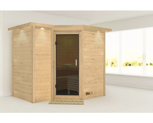 Sauna en bois massif Karibu Melanit 2 sans poêle, avec couronne et porte entièrement vitrée coloris graphite