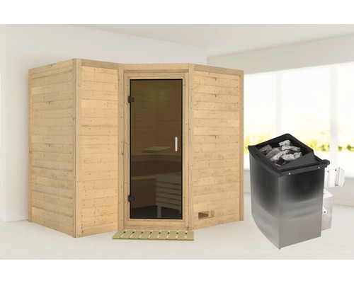 Sauna en bois massif Karibu Melanit 2 avec poêle 9 kW et commande intégrée, sans couronne, avec porte entièrement vitrée couleur graphite