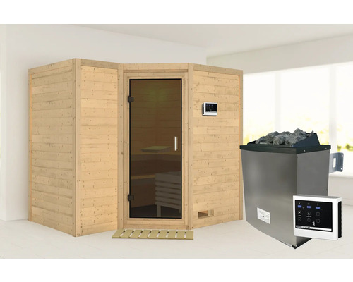 Sauna en bois massif Karibu Melanit 2 avec poêle 9 kW et commande externe, sans couronne, avec porte entièrement vitrée couleur graphite