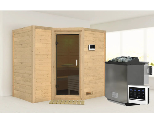 Sauna en bois massif Karibu Melanit 2 avec poêle bio 9 kW et commande externe, sans couronne, avec porte entièrement vitrée couleur graphite