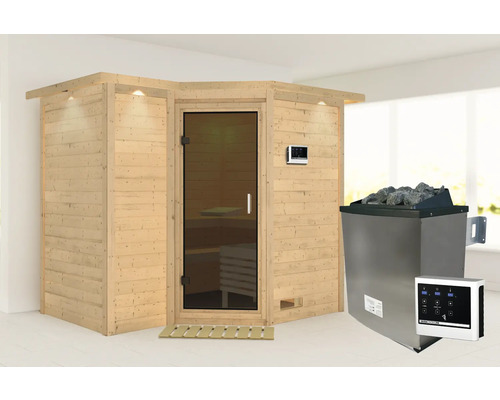 Sauna en bois massif Karibu Melanit 2 avec poêle 9 kW et commande ext., avec couronne et porte entièrement vitrée coloris graphite Sauna en bois massif Karibu Melanit 2 avec poêle 9 kW et commande ext., avec couronne et porte entièrement vitrée coloris graphite