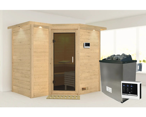 Sauna en bois massif Karibu Melanit 2 avec poêle 9 kW et commande ext., avec couronne et porte entièrement vitrée coloris graphite