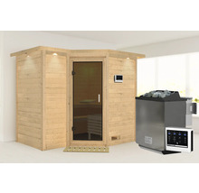 Massivholzsauna Karibu Melanit 2 inkl. 9 kW Bio Ofen u.ext.Steuerung mit Dachkranz und graphitfarbeneer Ganzglastüre