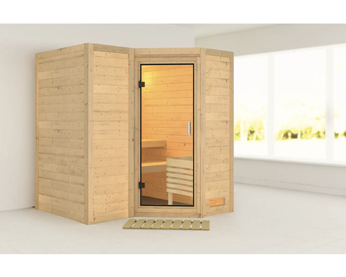 Sauna en bois avec porte en verre et caillebotis en bois