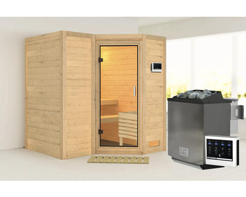 Sauna en bois massif Karibu Melanit 1 avec poêle bio 9 kW et commande externe sans couronne et porte entièrement vitrée en verre transparent
