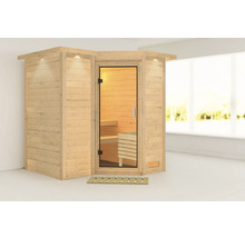 Sauna aus Holz mit Glastür und Innenbeleuchtung