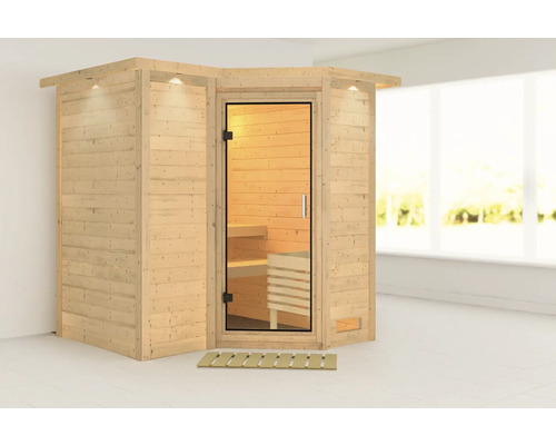 Sauna en bois avec porte en verre et éclairage intérieur