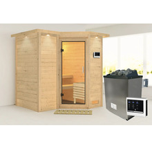 Holzsauna mit Glastür und Saunaofen