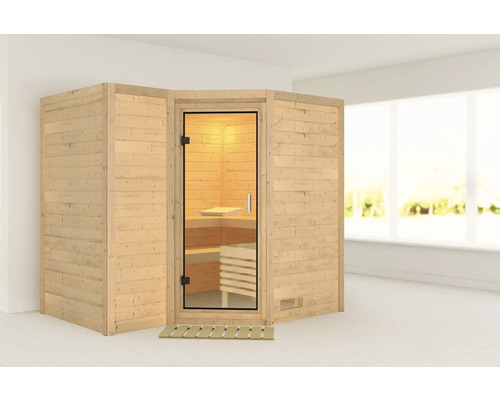 Sauna en bois massif Karibu Melanit 2 sans poêle ni couronne, avec porte entièrement vitrée en verre transparent