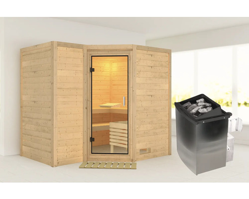 Sauna en bois massif Karibu Melanit 2 avec poêle 9 kW et commande intégrée, sans couronne, avec porte entièrement vitrée en verre transparent