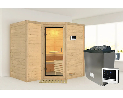 Sauna en bois massif Karibu Melanit 2 avec poêle 9 kW et commande externe, sans couronne, avec porte entièrement vitrée en verre transparent