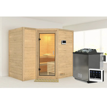Massivholzsauna Karibu Melanit 2 inkl. 9 kW Bio Ofen u.ext.Steuerung ohne Dachkranz mit Ganzglastüre aus Klarglas