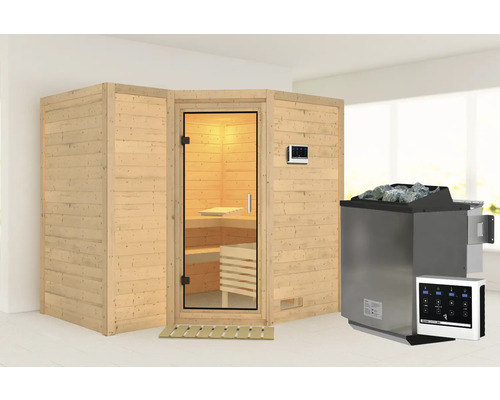 Sauna en bois massif Karibu Melanit 2 avec poêle bio 9 kW et commande externe, sans couronne, avec porte entièrement vitrée en verre transparent