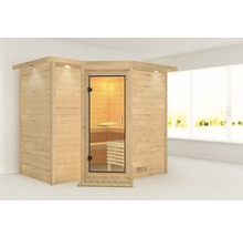 Holzsauna mit Glastür und Innenbeleuchtung