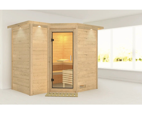 Sauna modulaire Karibu Melanit 2 sans poêle, avec couronne et porte entièrement vitrée en verre transparent