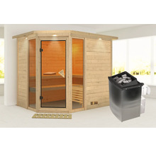 Sauna mit Glastür und Saunaofen mit Steinen