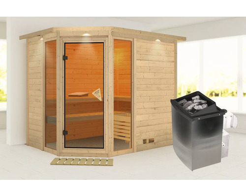 Sauna mit Glastür und Saunaofen mit Steinen