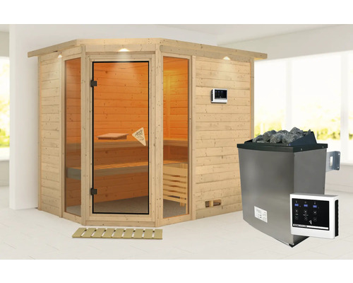 Holzsauna mit Glastür und Saunaofen