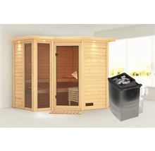 Sauna en bois avec porte en verre et poêle de sauna.