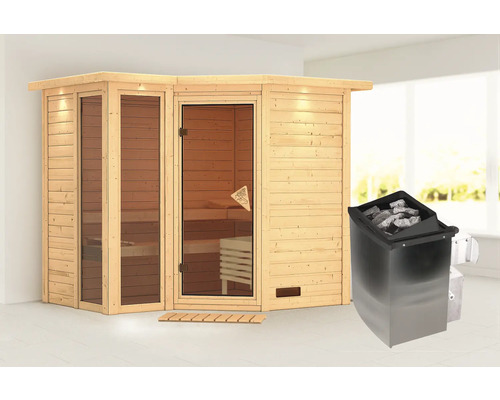 Sauna en bois massif Calienta Limonit y compris poêle 9 kW avec commande intégrée et frise de toit