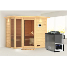 Sauna en bois avec porte en verre et poêle de sauna