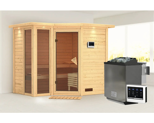 Sauna modulaire Karibu Limonit avec poêle bio 9 kW et commande ext. avec couronne de toit et porte tout verre bronzé Sauna modulaire Karibu Limonit avec poêle bio 9 kW et commande ext. avec couronne de toit et porte tout verre bronzé