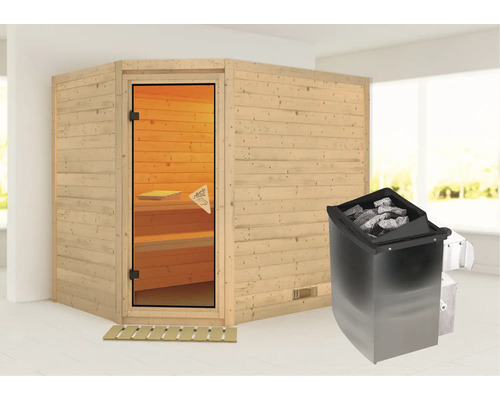 Holzsauna mit Glastür und Saunaofen