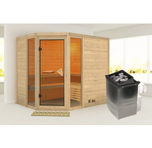 Sauna d''angle en bois avec porte vitrée et poêle de sauna avec pierres