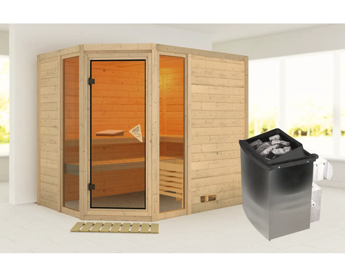 Sauna d''angle en bois avec porte vitrée et poêle de sauna avec pierres