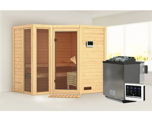 Sauna mit Glasfront, Saunaofen und Steuergerät für den Innenbereich