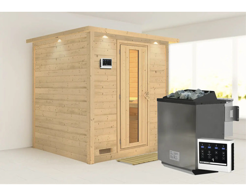 Sauna en bois massif Karibu Wojave avec poêle bio 9 kW et commande ext. avec couronne et porte en bois avec verre à isolation thermique