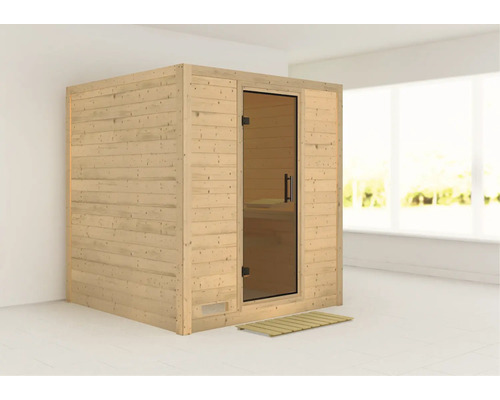 Sauna en bois avec porte en verre et caillebotis en bois