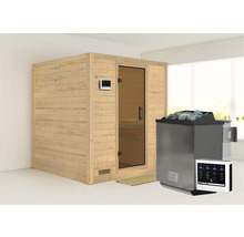 Massivholzsauna Karibu Wojave inkl. 9 kW Bio Ofen u.ext.Steuerung ohne Dachkranz mit graphitfarbeneer Ganzglastüre