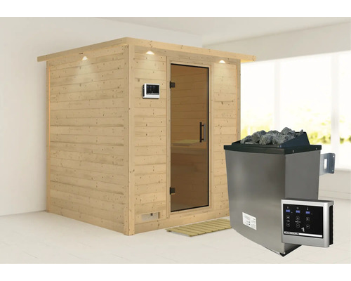 Holzsauna mit Saunaofen und Steuerung