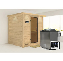 Massivholzsauna Karibu Wojave inkl. 9 kW Bio Ofen u.ext.Steuerung mit Dachkranz und graphitfarbeneer Ganzglastüre