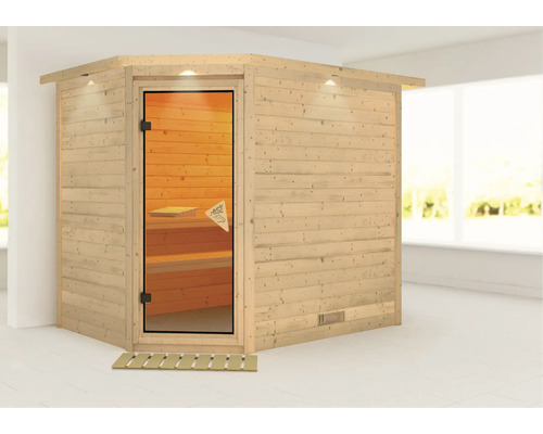 Holzsauna mit Glastür und Innenbeleuchtung