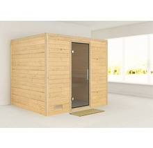 Sauna en bois avec porte en verre et caillebotis en bois