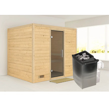 Massivholzsauna Karibu Monara inkl. 9 kW Ofen u.integr.Steuerung ohne Dachkranz mit graphitfarbeneer Ganzglastüre