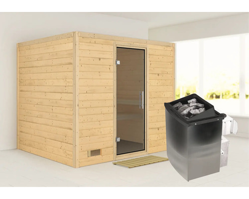 Sauna en bois avec porte en verre et poêle de sauna avec pierres de sauna