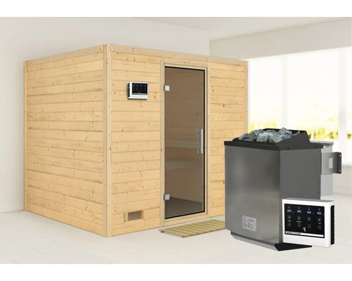 Sauna avec revêtement en bois, porte en verre, poêle de sauna et commande