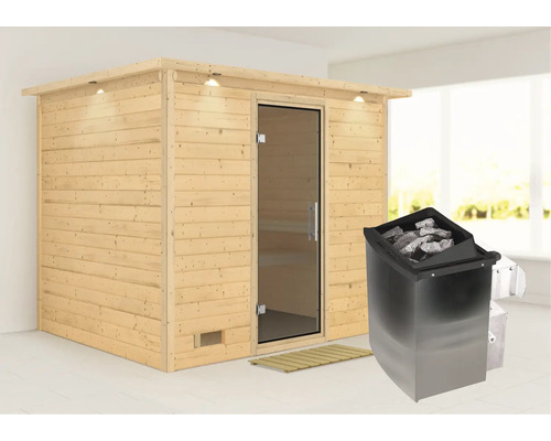Sauna en bois avec porte en verre et poêle de sauna