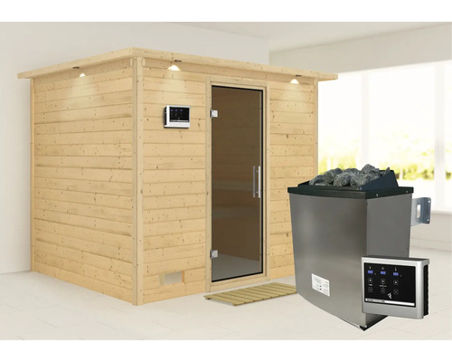 Sauna en bois avec porte en verre, pierres de sauna et unité de commande