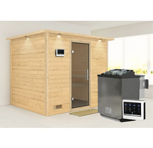 Massivholzsauna Karibu Coral inkl. 9 kW Bio Ofen u.ext.Steuerung mit Dachkranz und graphitfarbeneer Ganzglastür