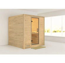 Sauna en bois avec porte en verre et caillebotis en bois