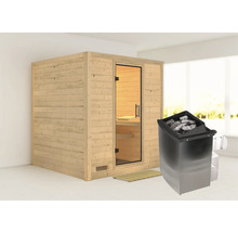 Massivholzsauna Karibu Wojave inkl. 9 kW Ofen u.integr.Steuerung ohne Dachkranz mit Ganzglastüre aus Klarglas