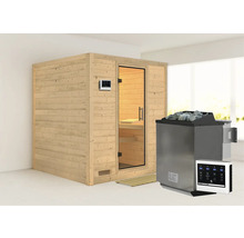 Massivholzsauna Karibu Wojave inkl. 9 kW Bio Ofen u.ext.Steuerung ohne Dachkranz mit Ganzglastüre aus Klarglas